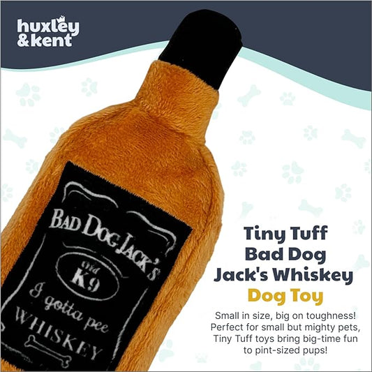 Huxley & Kent Funny Dog Toy w/Squeaker – Power Plush Squeaky Dog Toys for Small Dogs – Durable Small Stuffed Animal for Indoor Play & Fetch - Tiny Tuff Bad Dog Jack's Whiskey
