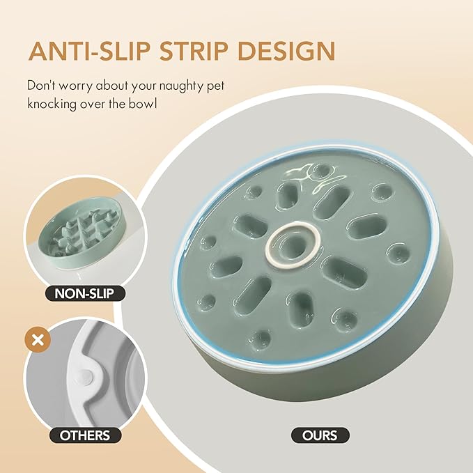 Ceramic 1.6 Cup Dog Bowl Slow Feeder, 8.2 inch Slow Pet Food Dish for Medium and Large Dog, Stop Bloat, Preventing Choking(Single Bowl, Light Green)