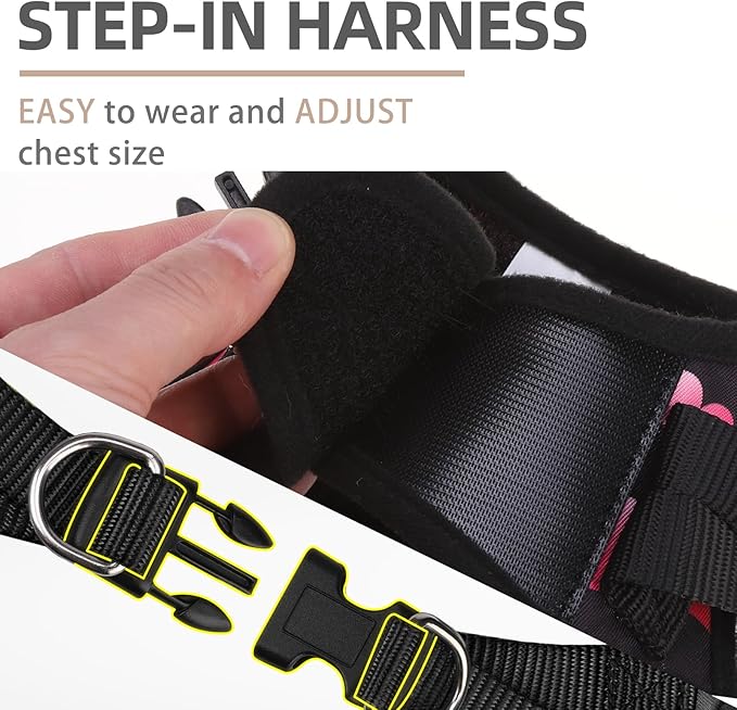 PUPTECK Valentine Dog Harness and Leash Set for Small Medium Dogs No Pull Step-in Soft Mesh Puppy Cat Vest Valentine Harnesses Reflective at Night, Black&Pink, L