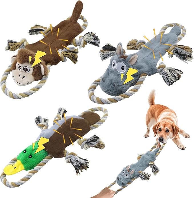 3 Pack No Stuffing Squeaky Dog Toys,Tug of War Dog Toy with Pull Rope, Interactive Dog Toys Dog Gifts for Small,Medium Dog
