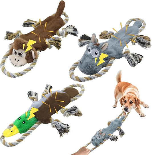 3 Pack No Stuffing Squeaky Dog Toys,Tug of War Dog Toy with Pull Rope, Interactive Dog Toys Dog Gifts for Small,Medium Dog
