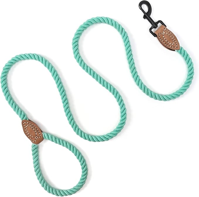 Mile High Life Dog Leash, Braided Cotton Rope Leashes with Leather Tailor Tip with Leather Tip - Heavy Duty Metal Clasp, 4FT, 1/2" Thick - Wedding, Walking Leash for Medium Large Dogs(Green)