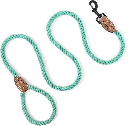 Mile High Life Dog Leash, Braided Cotton Rope Leashes with Leather Tailor Tip with Leather Tip - Heavy Duty Metal Clasp, 6FT, 1/2" Thick - Wedding, Walking Leash for Medium Large Dogs(Green)