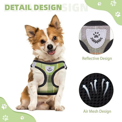 KOOLTAIL Dog Harness and Leash Set for Small Medium Dogs, Step in No Pull Soft Mesh Dog Harness Comfort Padded Pet Vest, Adjustable Reflective Easy Walking Puppy Cats Harness Training, Plaid Green XS