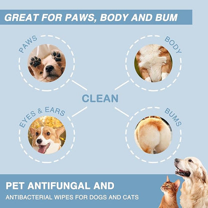 Natouch Antifungal and Antibacterial Wipes for Dogs & Cats, Dog Yeast Infection Treatment Wipes, All Natural Grooming Wipes for Cleaning, Help with Hot Spots, Ringworm, and Skin Infections, 80 Count