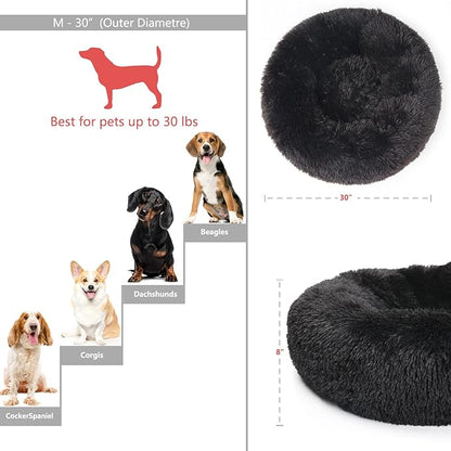 Calming Donut Dogs Beds for Medium Dogs up to 45 lb,30inch Anti-Slip Plush Round Dog Bed with Raised Rim,Fluffy Faux Fur Pet Bed for Cozy Sleep,Black