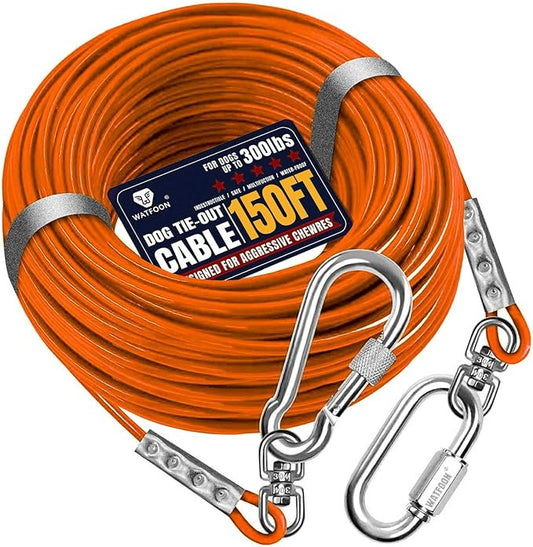Tie Out Cable for Dogs Up to 300lbs, 150ft Extra Strong 1000lbs Break Strength Tie-Out Tether Trolley Training Lead,Dog Run Cable for Yard Garden Park Camping Outside (Orange, 300lbs 150ft)