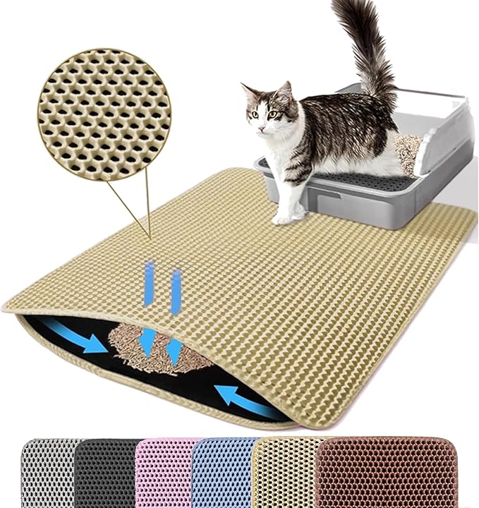 Petinstinct Small Cat Litter Mat, 20x14’’ Double Layer Honeycomb Cat Litter Box Mat, Non Slip Waterproof Urine Proof Litter Trapping Mat for Floor, Kitty Litter Pad, Indoor Pet Supplies, Beige