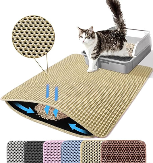 Petinstinct Jumbo Cat Litter Mat, 46x26 Inches Double Layer Honeycomb Litter Trapping Mat, Non Slip Waterproof Urine Proof Extra Large Cat Litter Box Mat, Kitten Supplies and Essentials, XXL, Beige