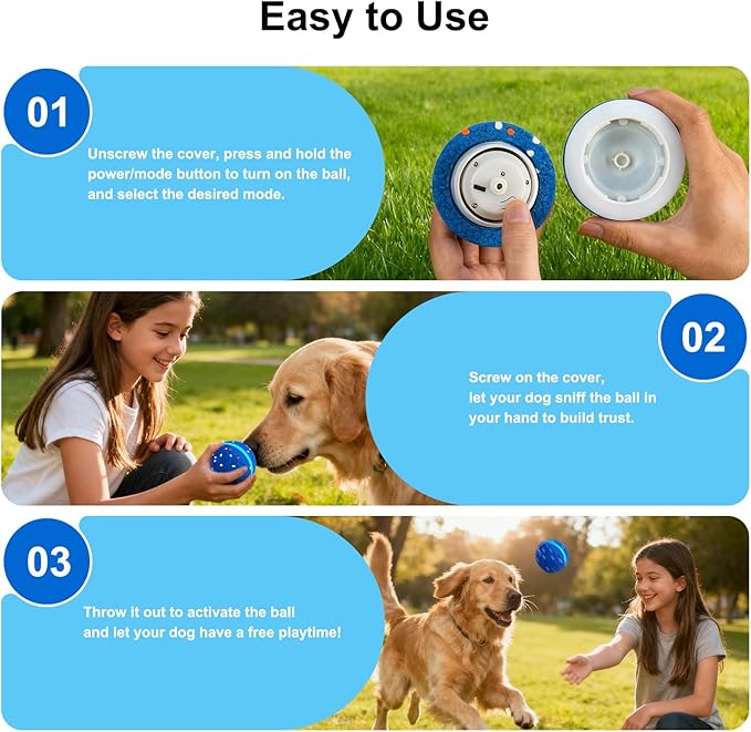 JEISOTHB Interactive Dog Toys Dog Ball, Durable E-TPU Material,3 Play Modes with Colorful Lights, Automatic Moving, Bouncing and Rotating for Medium and Large Dogs Indoor & Outdoor (Blue)