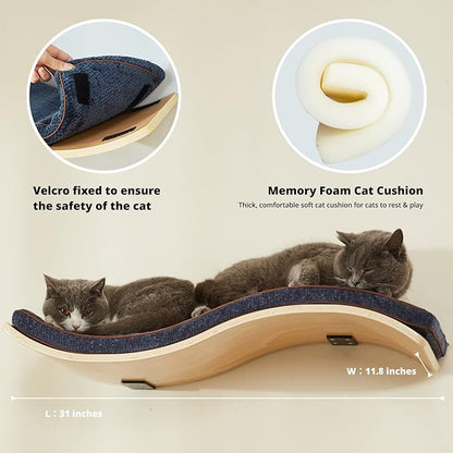 LIORCE Cat Shelf with Comfortable Cushion - Wave Modern Cat Bed - Minimalistic Floating Cats Wall Perch - Wooden Wall Mounted Cats Furniture for Sleeping, Playing, Climbing, and Lounging