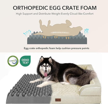 Casa Paw Orthopedic Dog Beds for Large Sized Dogs, Waterproof Memory Foam Large Pet Bed with Sides 35x22Inch, Non-Slip and Egg-Crate Foam Big Dog Couch Bed with Removable Washable Cover, Beige