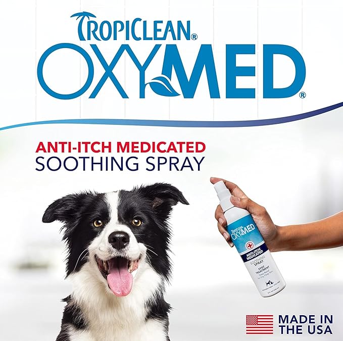 TropiClean OxyMed Hot Spot Treatment for Dogs, Medicated Dog Itching Skin Relief Spray, Anti-Itch Spray Quickly Soothes Skin Irriration, Alleviate Scratching, Chewing & Licking, Safe for Cats, 8oz