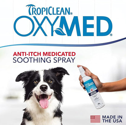 TropiClean OxyMed Hot Spot Treatment for Dogs, Medicated Dog Itching Skin Relief Spray, Anti-Itch Spray Quickly Soothes Skin Irriration, Alleviate Scratching, Chewing & Licking, Safe for Cats, 8oz