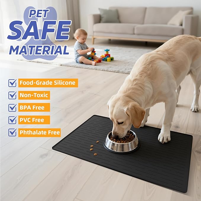 Large Dog Mats for Food and Water, 32"x24" Waterproof Pet Food Mats for Floor Nonslip Silicone Bowl Mats with Raised Edges
