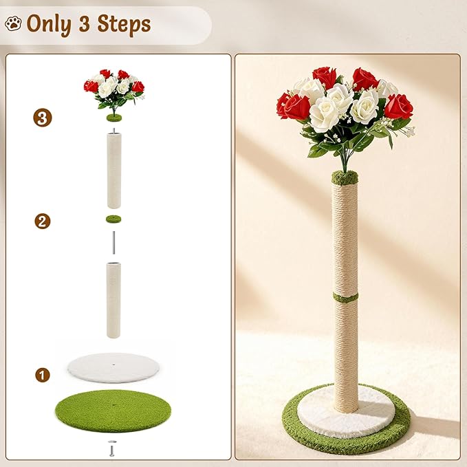 CWV 45" Tall Cat Scratching Post, Cute Rose Flower Cat Scratcher for Indoor Adult Cats & Kittens, Cat Tree Tower with Sturdy Base, Sisal Rope, Interactive Toys & Cat Gifts, Rascadores para Gatos