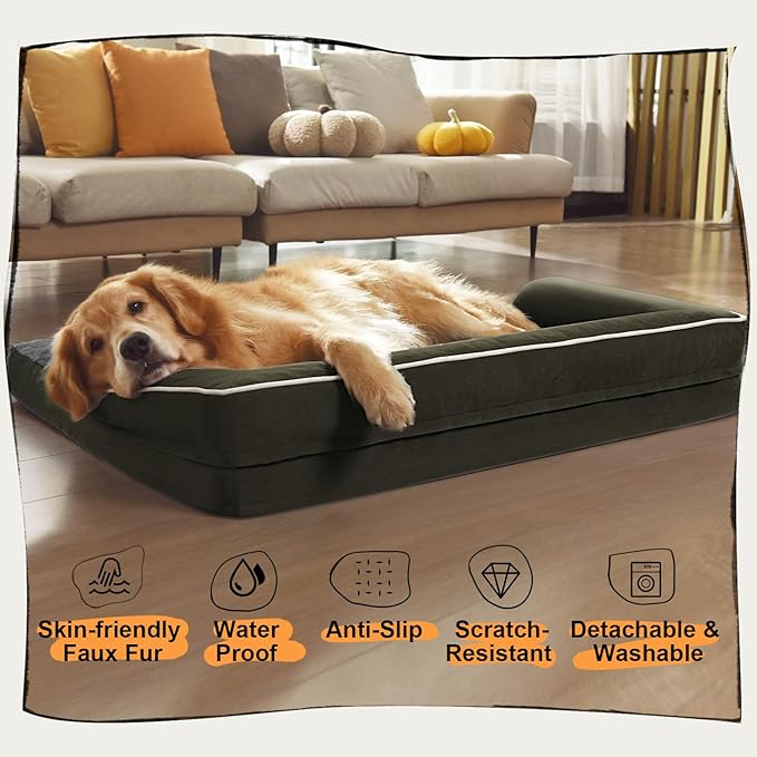 Extra Large Dog Bed-Orthopedic Waterproof XL Dog Bed for XLarge Extra Big Dogs - Foam Couch Sofa Washable with Removable Cover-Dark Green
