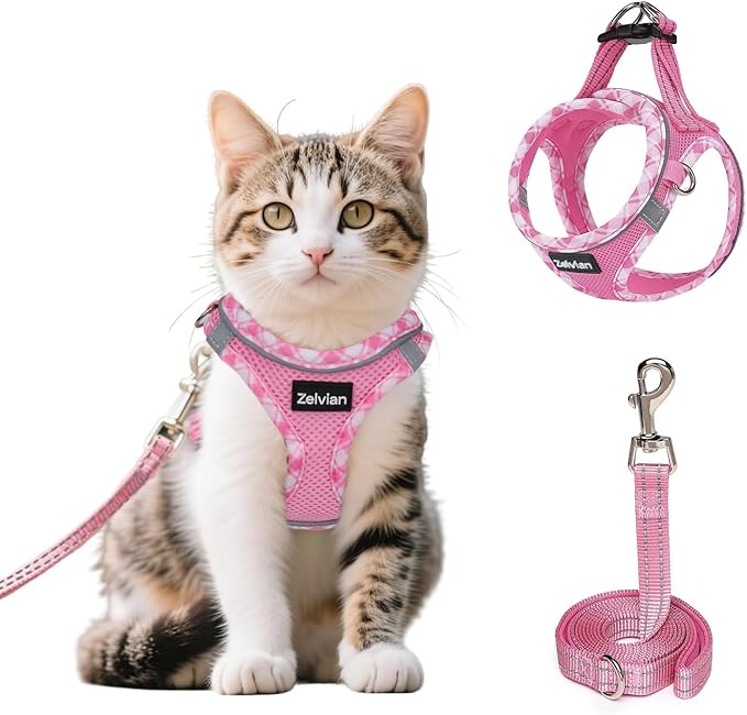 Zelvian Cat Harness and Leash Set for Walking, Escape Proof Adjustable Soft Mesh Kitten Harness with Reflective Strips, Breathable No-Choke Pet Vest for Large Cats or Small Dogs(Pink,L)