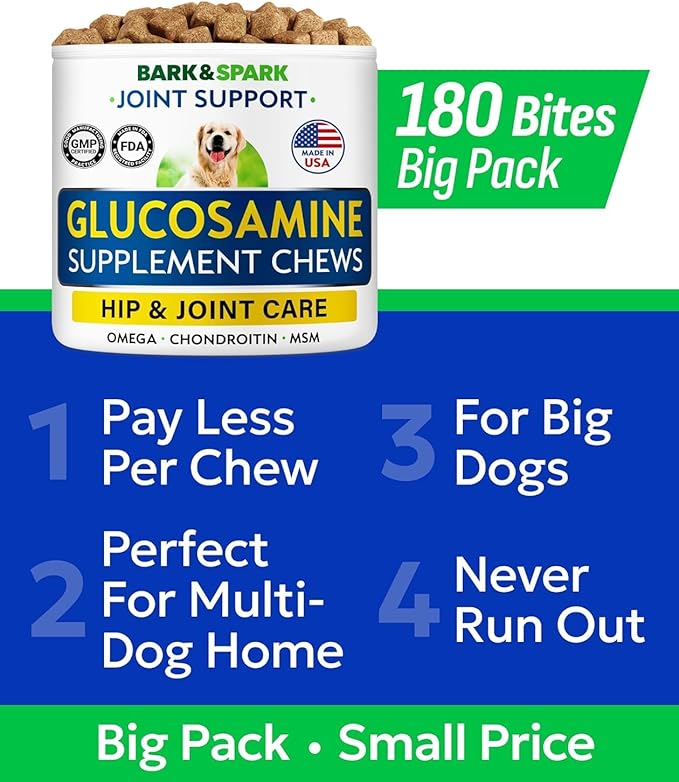 Bark&Spark Glucosamine Chondroitin Dog Hip & Joint Supplement - Joint Pain Relief - Hip & Joint Chews - Joint Support Large Small Breed - Senior Doggie Vitamin Pill Joint Health (180 Treats - Chicken)