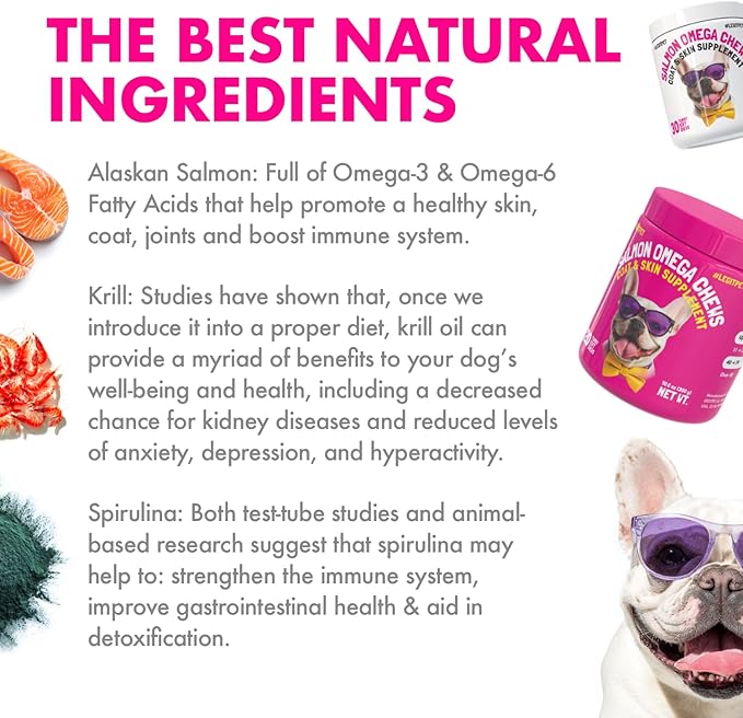 Omega 3 Alaskan Salmon Oil Treats for Dogs 120 Fish Oil Chew Supplement Skin and Coat Allergy and Itch Relief Hip & Joint Health Brain Shedding Hot Spots Treatment Omega 3 6 9 EPA & DHA Fatty Acids