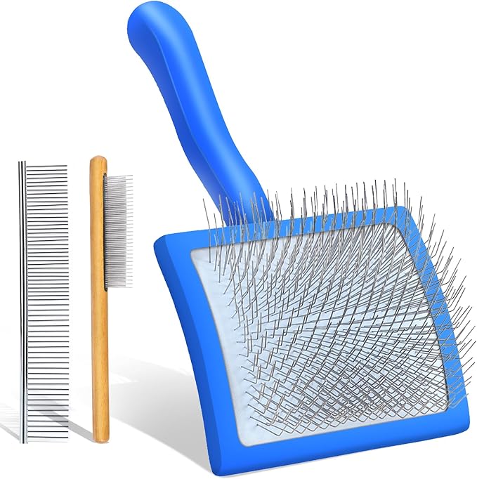 Slicker Brush for Dogs, Dog Grooming Supplies Long Pin Large Doodle Brush for Goldendoodles Poodles Bernedoodles, 3 Pcs Grooming Tools with Wooden Handle for Mats Tangles - Blue