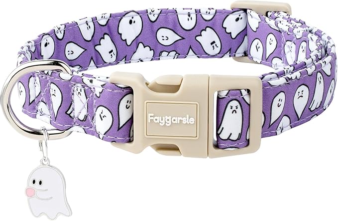 Faygarsle Halloween Dog Collar with Charm, Purple with Ghost Pattern, for Small Medium Large Dogs XS