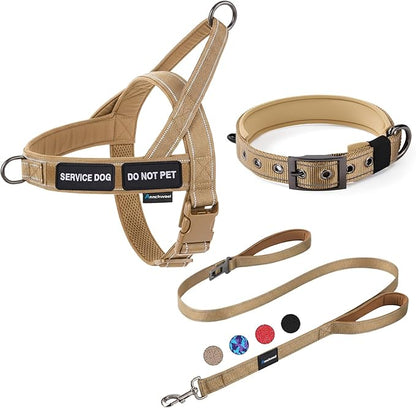 Annchwool No Pull Dog Harness,Heavy Duty Reflective Collar & Leash Set-Leash with Double Handle & Car Seatbelt Clip-Easy Control for Walking Training Medium Large Size Dogs(Brown,S)