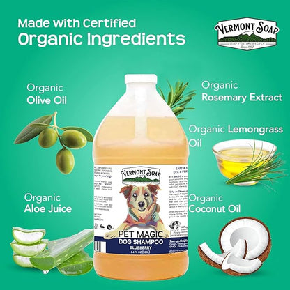 VERMONT SOAP Organics Pet Shampoo - Infused with Organic & Natural Olive Oil, Coconut & Aloe Vera Dog Shampoo for Sensitive Skin - USDA Certified Grooming, Blueberry (64oz)