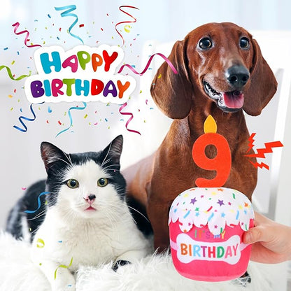 Dog Birthday Cake Toy Accessories for Girl Boy Gifts, Squeaky Plush Toy for Dog Birthday Party Decor Favor for Large, Medium and Small Dogs(9th,Pink)