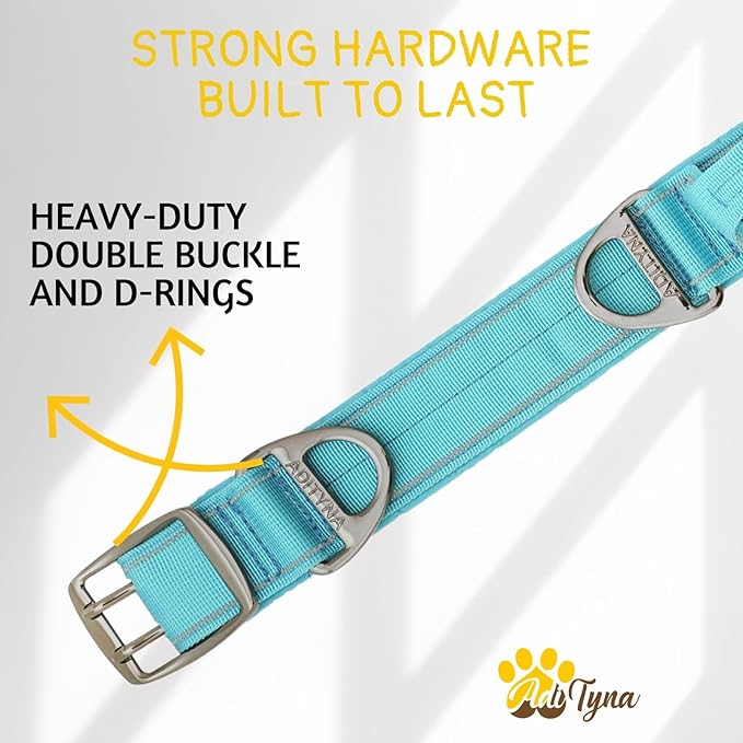 ADITYNA Heavy Duty Dog Collar for Large Dogs - Reflective Blue Collar with Handle for Training, and Walking - Wide, Thick, Tactical, Soft Neoprene Padded