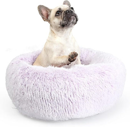 Calming Donut Dogs Beds for Small Dogs Washable,23inch Plush Round Pet Bed for Cozy Sleep,Fluffy Faux Fur Large Cat Bed,Fits up to 25 lbs Pets,Gradient Purple