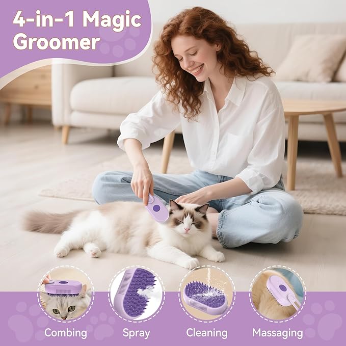 TOOLIAR 4 in 1 Pet Steam Brush for Shedding,Rechargeable cat brushes for indoor cats,Quiet Detangling Brush for Long Haired Cats and Dogs(Purple)