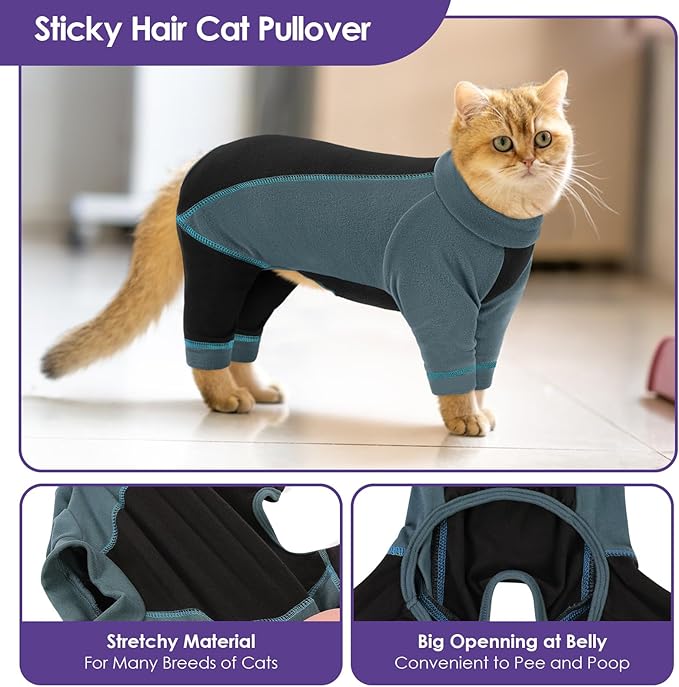 SUNFURA Hair Sticky Cat Clothes, Cat Sweater for Cats Only, 4-Legged Fleece Sweaters Kitten Pajamas Reduce Shedding Fur, Warm Pullover Shirts for Cats, Green XL