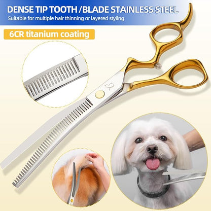 CITYWISH Dog Grooming Scissors,Curved Chunkers Shears Deg Grooming with Safety Round Tips, Sharp and Comfortable 4 in 1 Dog Scissers for Grooming