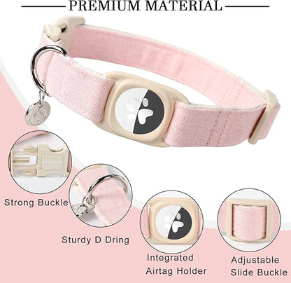 DOGWONG Airtag Cotton Hemp Dog Collar, Heavy-Duty Dog Collar with Airtag Holder Pink Natural Fabric Pet Cute Puppy Necklace for Small Medium Large Dogs
