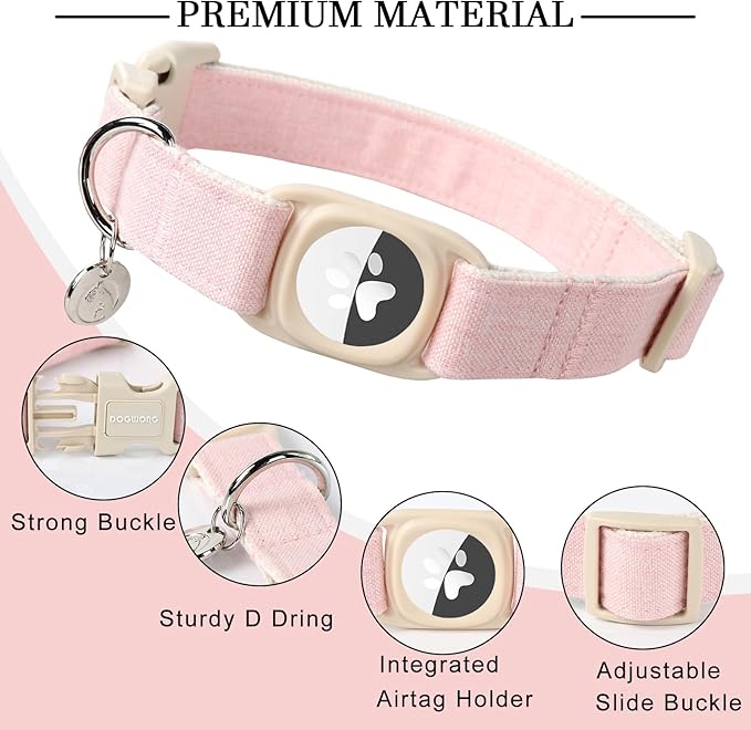 DOGWONG Airtag Cotton Hemp Dog Collar, Heavy-Duty Dog Collar with Airtag Holder Pink Natural Fabric Pet Cute Puppy Necklace for Small Medium Large Dogs