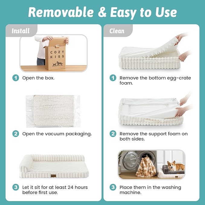 Cute Dog Bed, Faux Rabbit Fur Orthopedic Foam Dog Bed with Sides, Removable Washable Cover & Waterproof Lining, Comfortable Pet Couch for Large Dogs, Cream (44" L x 32" W x 7" Th)