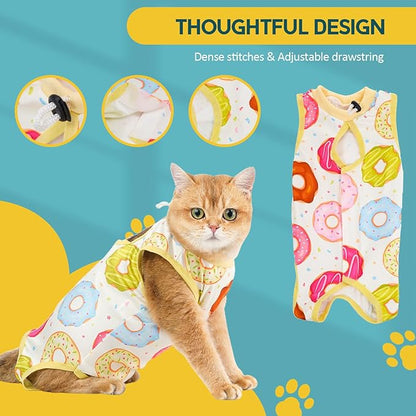 Avont Cat Recovery Suit - Kitten Onesie for Cats After Surgery, Cone of Shame Alternative Surgical Spay Suit for Female Cat, Post-Surgery or Skin Diseases Protection -Donut(L)