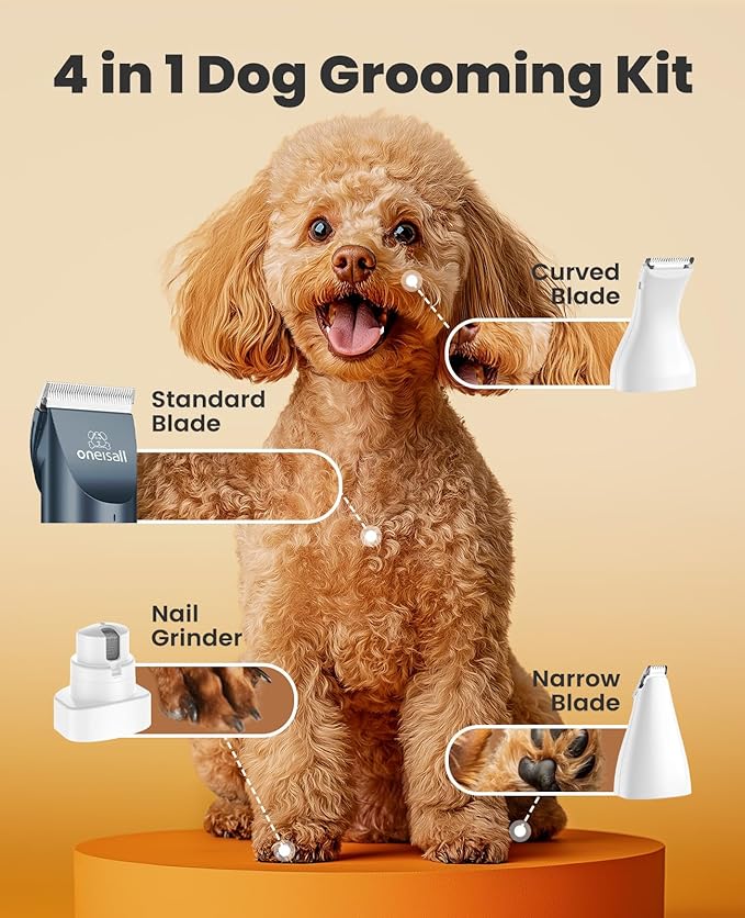 oneisall 4 in 1 Dog Clippers and Paw Trimmer Grooming Kit, Low Noise Cordless Dog Clippers for Grooming Pet Hair Trimmers for Small and Large Dogs Cats Animals
