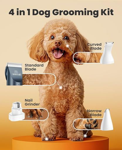 oneisall 4 in 1 Dog Clippers and Paw Trimmer Grooming Kit, Low Noise Cordless Dog Clippers for Grooming Pet Hair Trimmers for Small and Large Dogs Cats Animals