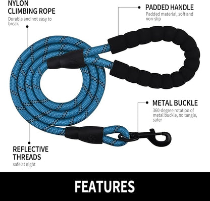 Panykoo 5/6 FT Strong Pet Dog Leash with Soft Padded Handle,Highly Reflective Rope for Night Walking,360-Degree Rotating Metal Buckle Without Tangles,Suitable for Small,Medium and Large Dogs.(5ft)