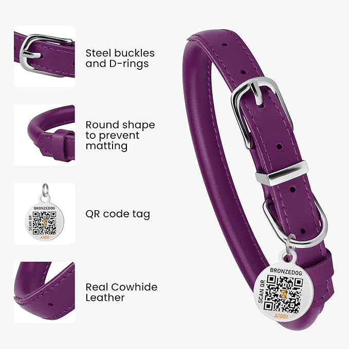 BRONZEDOG Rolled Leather Dog Collar for Small Medium Large Dogs with QR ID Tag (M: 14-16 Inch, Plum)
