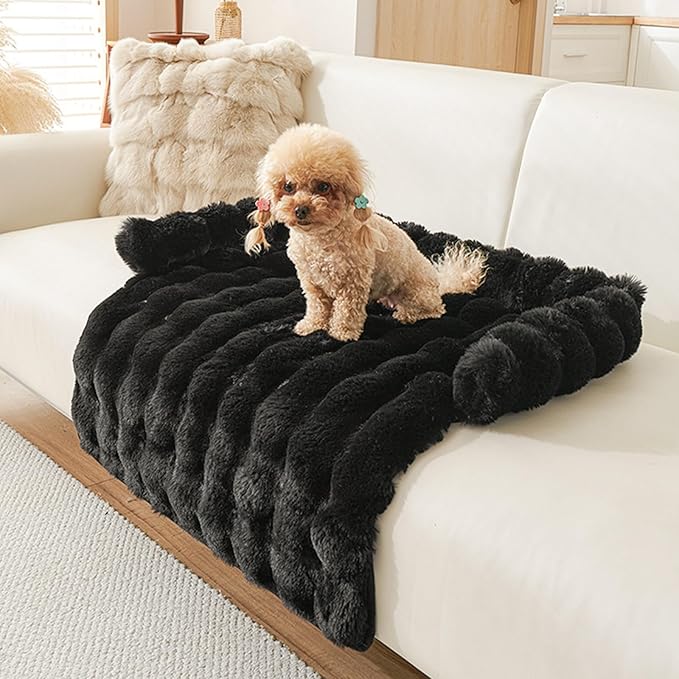 Calming Dog Bed for Couch, 29.5 x 29.5 inch, Non-Slip Rabbit-Velvet Dog Sofa Mat for Furniture Protector, Perfect for Small, Medium Dogs and Cats (Black)