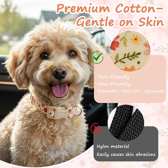 Dog Collar with Pink Floral Patterns, Spring Summer Collection Dog Collar with Exquisite Pendant, Durable Adjustable Collars for Gifts & Daily Use-M