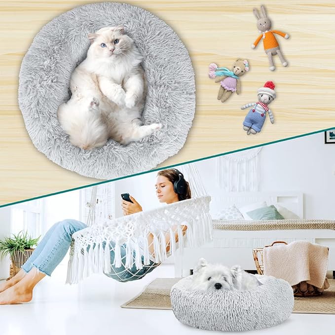 PetAmi Calming Dog Bed for Small & Medium Dogs and Cats, 23” Round Donut Dog Bed, Washable Fluffy Faux Fur Puppy & Cat Bed, Anti-Anxiety Plush Cuddler Pet Bed with Anti-Slip Bottom - Light Gray
