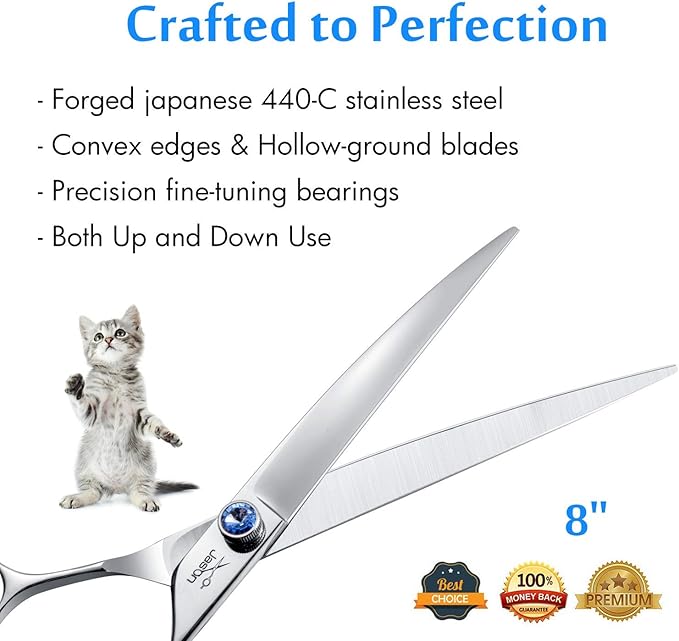 JASON 8" Curved Dog Grooming Scissors Ergonomic Pets Cats Trimming Shears with Offset Handle and a Jewelled Screw for Right Handed Groomers Long Sharp Comfortable Christmas Gift