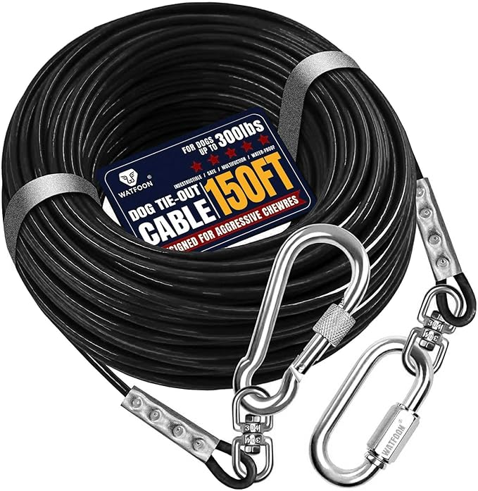 Tie Out Cable for Dogs Up to 300lbs, 150ft Extra Strong 1000lbs Break Strength Tie-Out Tether Trolley Training Lead,Dog Run Cable for Yard Garden Park Camping Outside (Black, 300lbs 150ft)