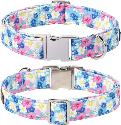 Lionet Paws Floral Dog Collar with Sailor Bow, Spring Wildflowers Daisy Forget Me Not Dog Collar Bow Tie for Large Dogs, Neck 16-24 inches