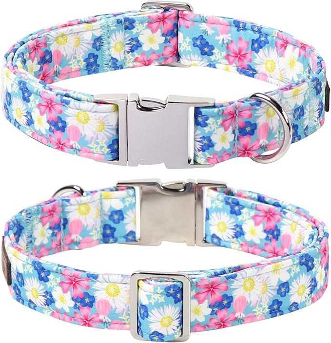 Lionet Paws Floral Dog Collar with Sailor Bow, Spring Wildflowers Daisy Forget Me Not Dog Collar Bow Tie for Dogs, Small, Neck 10-16 inches