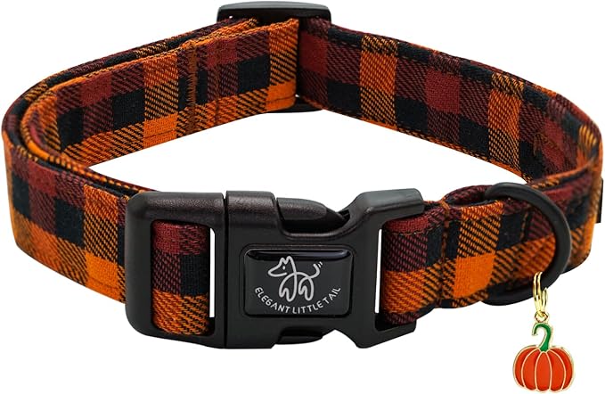 Elegant little tail Fall Dog Collar, Fall Plaid Pet Dog Collar Cotton Soft Male Dog Collars Holiday with Quick Release Buckle Pet Puppy Collars for Medium Dogs
